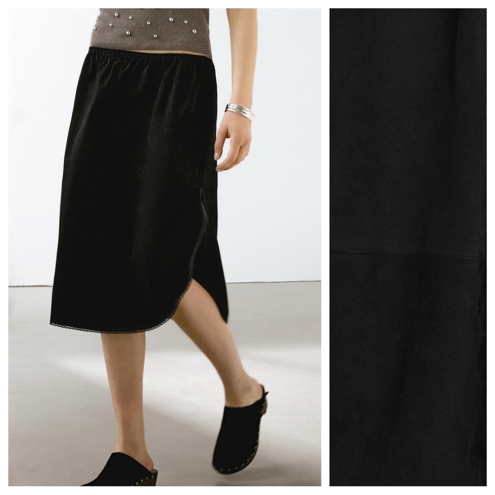 NWT. Massimo Dutti Black Suede Leather Midi Skirt with Lace Detail. Size M.